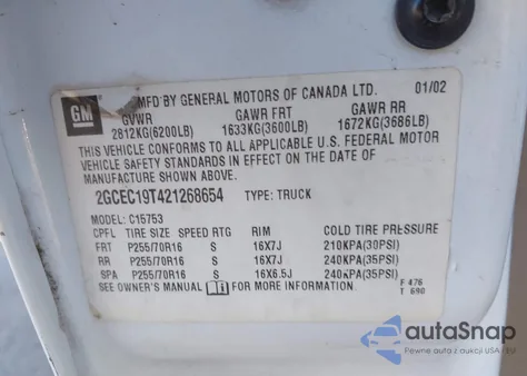 2002 Chevrolet Silverado 1500 Lt z USA, uszkodzony, nr VIN 2GCEC19T421268654